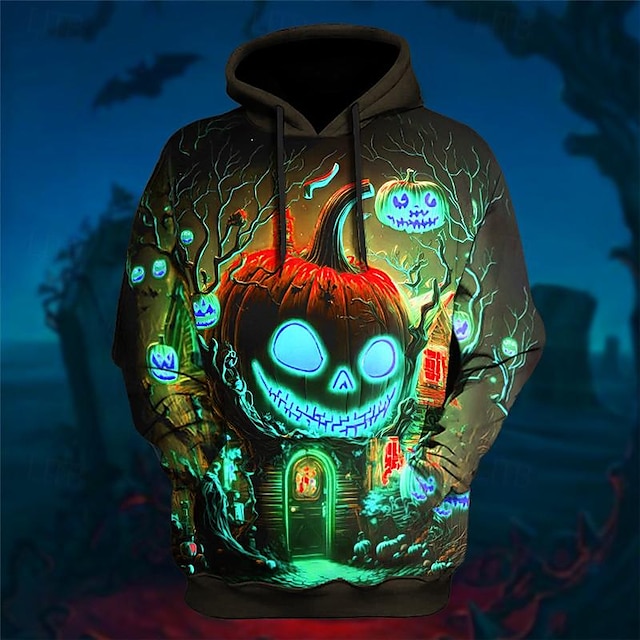 Seasonal Graphic Pumpkin Print 3D Pullover Hoodie for Halloween and Holiday Outings in Blue, Purple, and Green Cotton