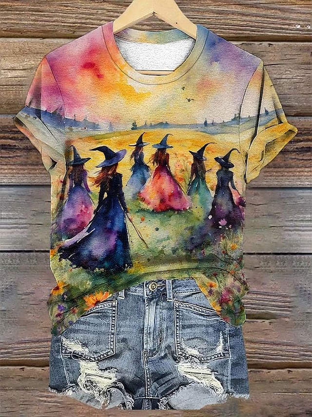 Trendy Halloween Witch Print Short Sleeve Crew Neck T-Shirt in Yellow for Summer Casual Wear