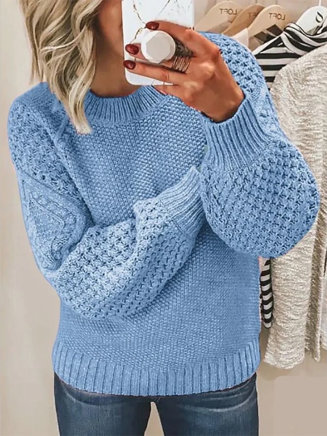 Patchwork Textured Knit Oversized Crew Neck Sweater Jumper for Fall Winter Daily Casual Stylish Soft Long Sleeve