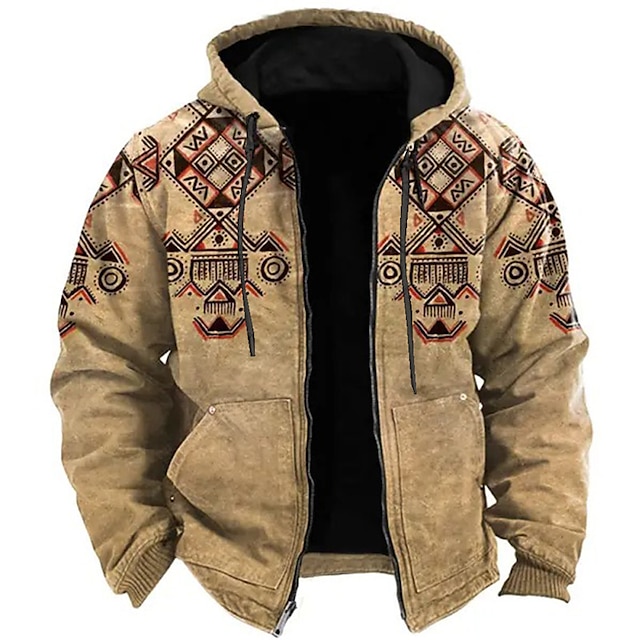 Classic Tribal Print 3D Zip Jacket with Geometric Patterns – Casual Sportswear for Holidays and Streetwear